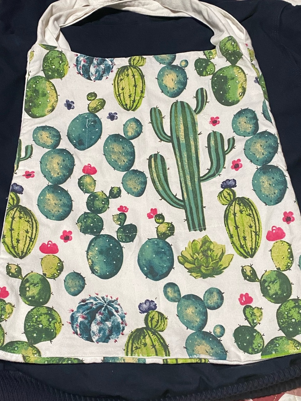 Cost Plus World Market White Tote with Green Cactus Print and Pink Accents